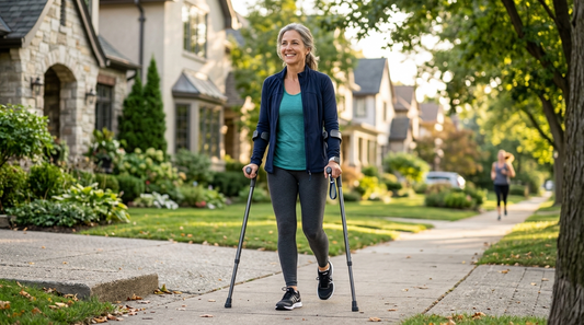 Person walking with ergonomic forearm crutches designed for comfort, stability, and mobility support