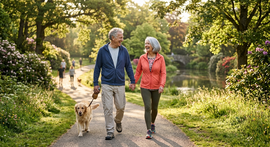 Active seniors walking outdoors to support healthy aging, mobility, and independence