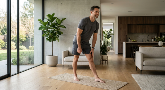 Fit athletic man doing mobility exercise at home in a modern minimalist environment