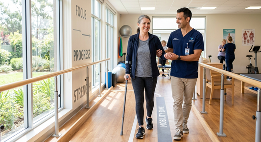 Patient walking during post surgery recovery to improve mobility, strength, and rehabilitation progress