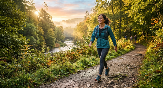 Adult walking outdoors to improve physical health, mental well being, and overall quality of life