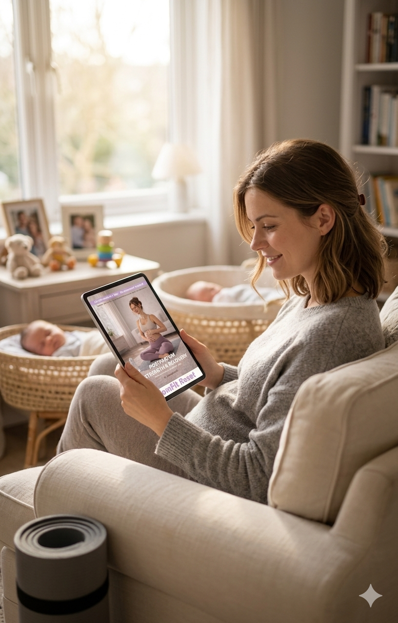 Postpartum Strength & Recovery digital ebook displayed on tablet for postpartum workout program